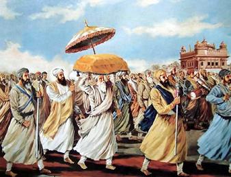 Baba Buddha reverently carrying the Holy Granth to Darbar Sahib. Guru Arjan waves flicker (Chaur) over the Granth Sahib.