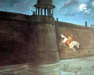 Bhai Bidhi Chand making the horse jump over the fort-wall.