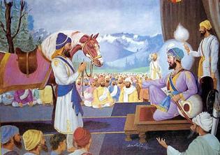 Bhai Bidhi Chand prestenting the rescued horse to Guru Hargobind