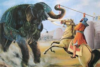 Bhai Bachittar Singh fighting a war elephant