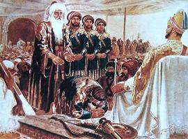 Pir Buddhu Shah along with his disciples paying homeage to Guru Gobind Rai